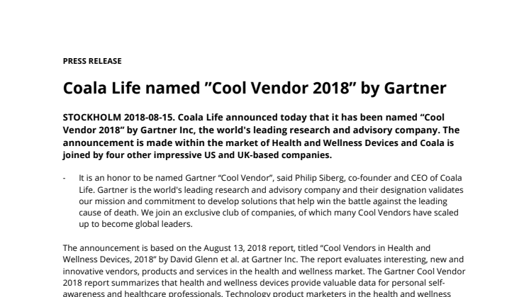 Coala Life named ”Cool Vendor 2018” by Gartner 