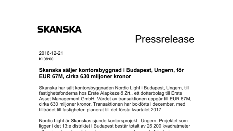 Skanska säljer kontorsbyggnad i Budapest, Ungern, för EUR 67M, cirka 630 miljoner kronor