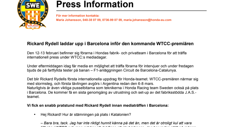 Rickard Rydell laddar upp i Barcelona inför den kommande WTCC-premiären 