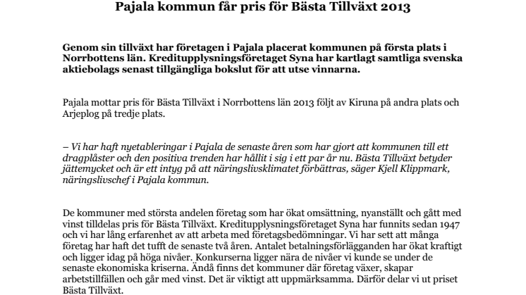 Pajala kommun får pris för Bästa Tillväxt 2013