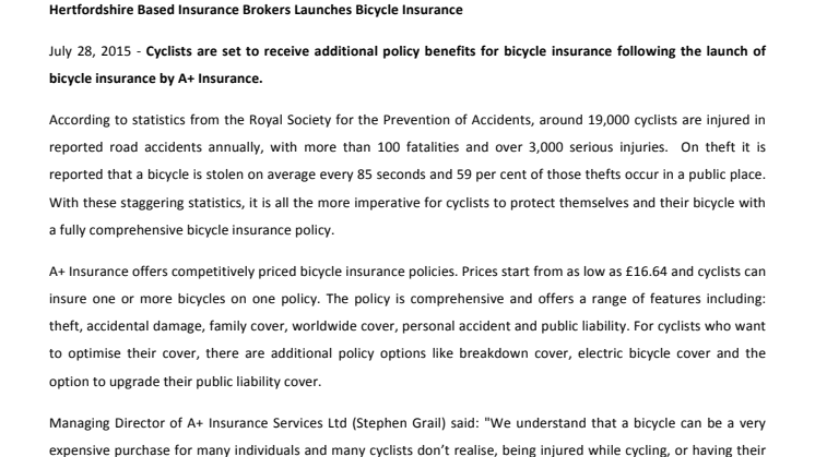 Hertfordshire Based Insurance Brokers Launches Bicycle Insurance 