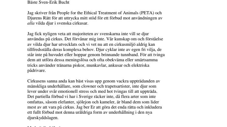 Victoria Silvstedt brev till landsbygdsminister Sven-Erik Buch om vilda djur på cirkus
