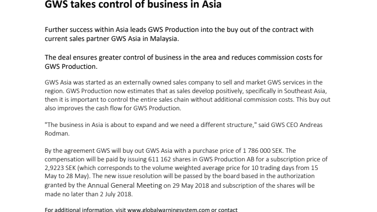 ​GWS takes control of business in Asia