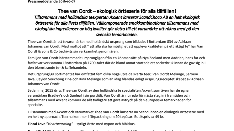 Thee van Oordt – ekologisk örtteserie för alla tillfällen!