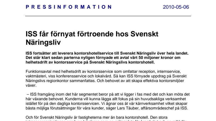 ISS får förnyat förtroende hos Svenskt Näringsliv