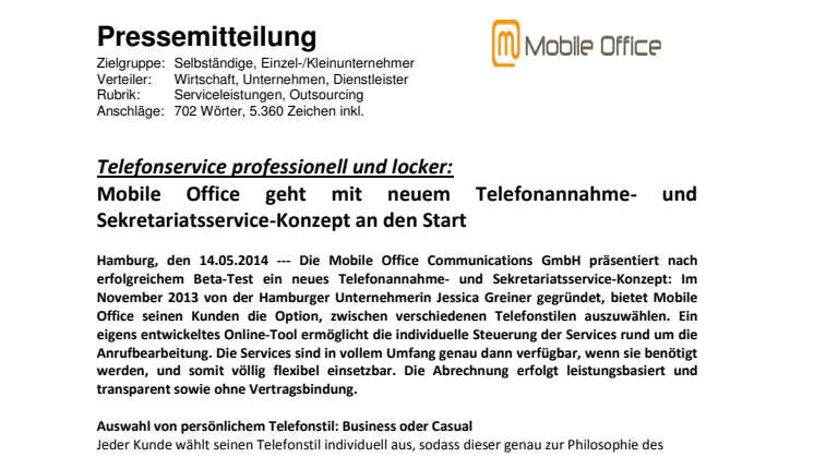 Telefonservice professionell und locker: Mobile Office geht mit neuem Telefonannahme- und Sekretariatsservice-Konzept an den Start