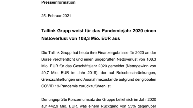 Tallink Grupp weist für das Pandemiejahr 2020 einen Nettoverlust von 108,3 Mio. EUR aus 