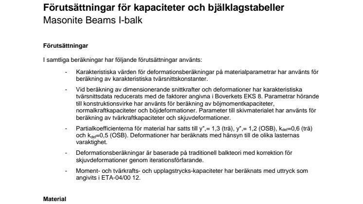 Förutsättningar för kapaciteter och bjälklagstabeller