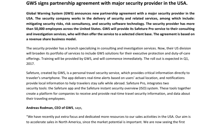 GWS signs partnership agreement with major security provider in the USA