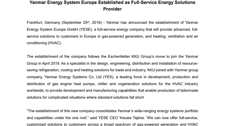 Yanmar Energy System Europe Established as Full-Service Energy Solutions Provider