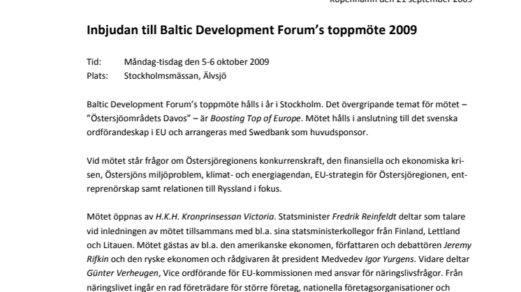 Pressinbjudan Baltic Development Forum Summit 2009 Stockholm