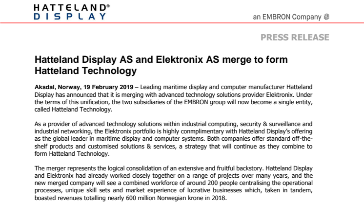 Hatteland Display AS and Elektronix AS merge to form Hatteland Technology