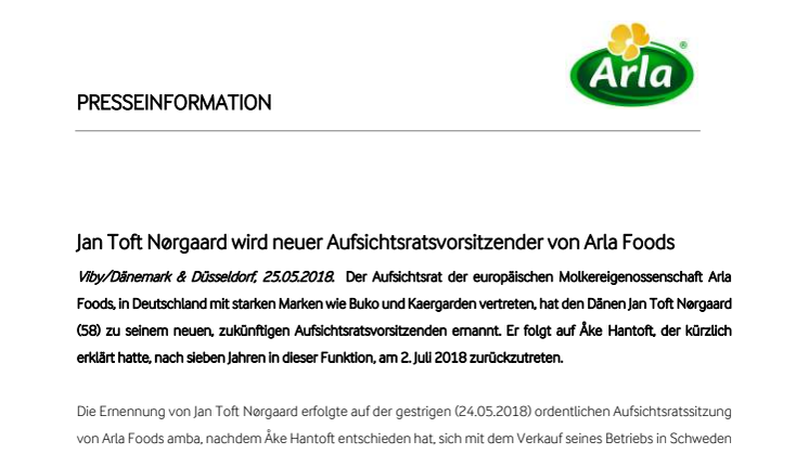 Jan Toft Nørgaard wird neuer Aufsichtsratsvorsitzender von Arla Foods