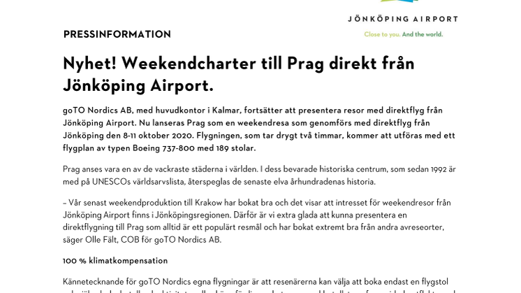 Nyhet! Weekendcharter till Prag direkt från Jönköping Airport.