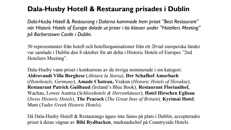 Dala-Husby Hotell & Restaurang prisades i Dublin
