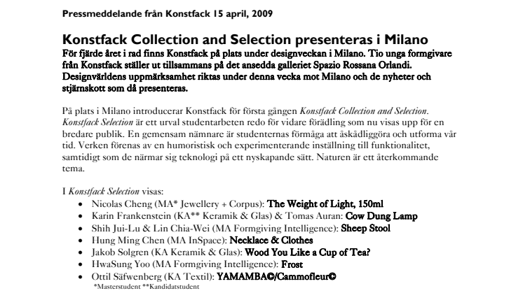 Konstfack Collection and Selection presenteras i Milano
