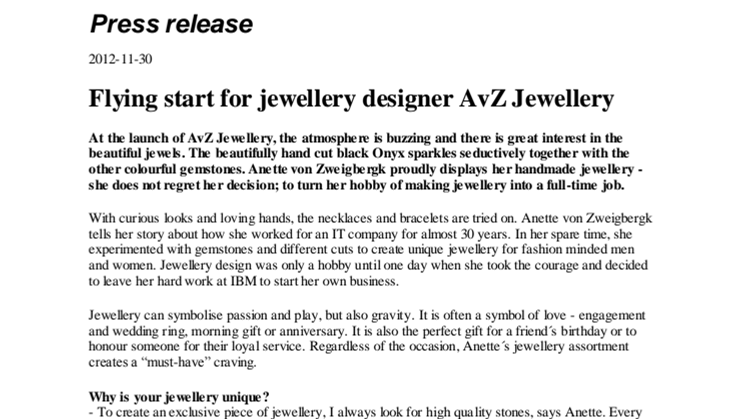 Flying start for jewellery designer AvZ Jewellery