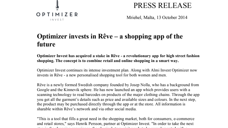 Optimizer invests in Rêve – a shopping app of the future
