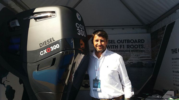 Alessandro Speziari, Sales Manager, Cartello Srl at Monaco Yacht Show with the full size model of the game-changing CXO300