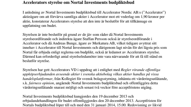 Accelerators styrelse om Nortal Investments budpliktsbud