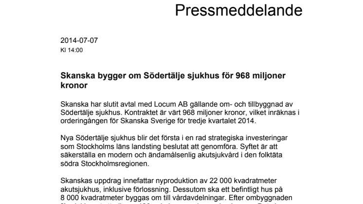 Skanska bygger om Södertälje sjukhus för 968 miljoner kronor