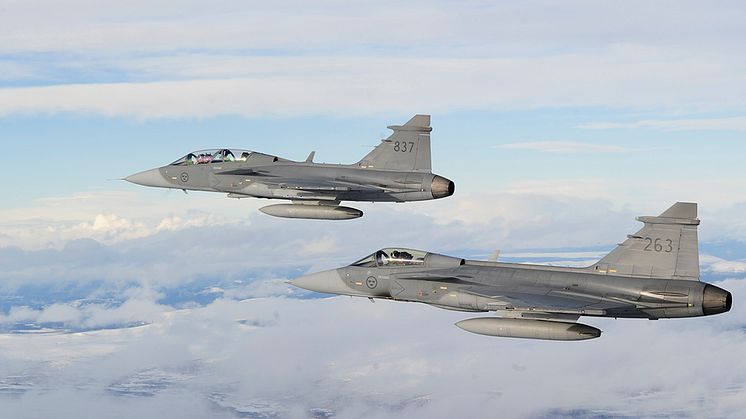 Fyra Jas 39 Gripen kommer att flyga över Piteå och byarna på jubileumsdagen. Foto: Louise Levin/Försvarsmakten