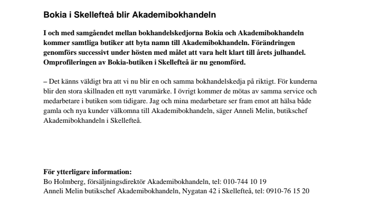 Bokia i Skellefteå blir Akademibokhandeln 