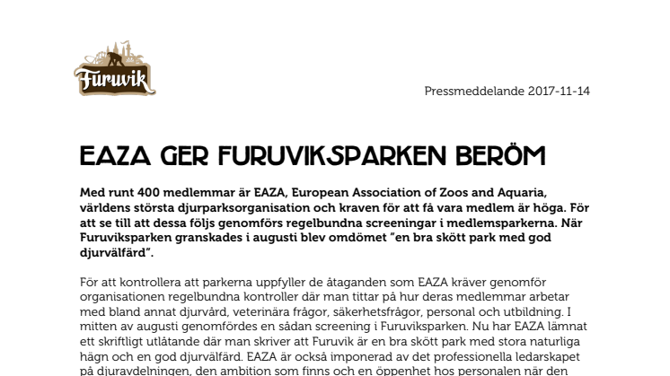 EAZA ger Furuviksparken beröm