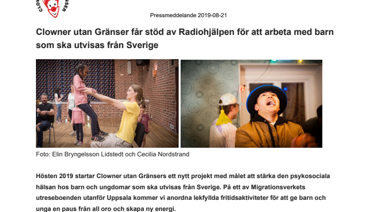 Clowner utan Gränser får stöd av Radiohjälpen för att arbeta med barn som ska utvisas från Sverige