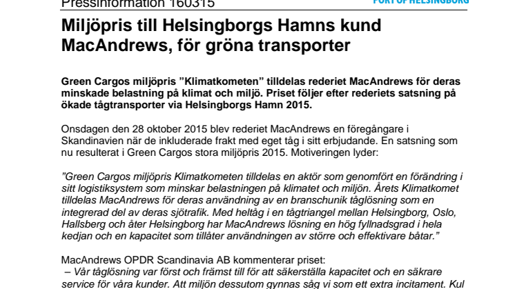 ​Miljöpris till Helsingborgs Hamns kund MacAndrews, för gröna transporter
