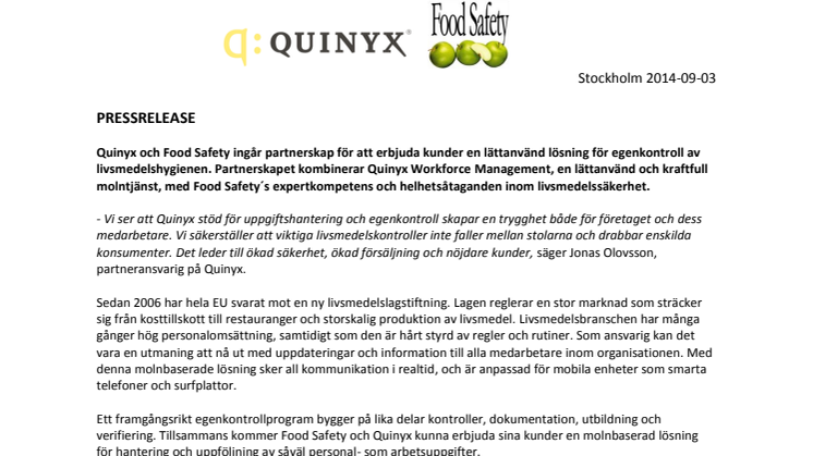 Quinyx och Food Safety ingår partnerskap