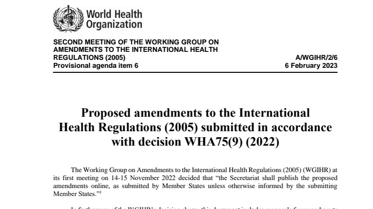 Proposed amendments to the International  Health Regulations (2005) submitted in accordance  with decision WHA75(9) (2022)