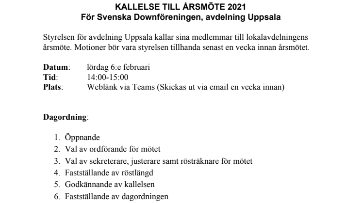 Årsmöte - lördag 06 feb 2021 - kl 14-15 - Avd. Uppsala 