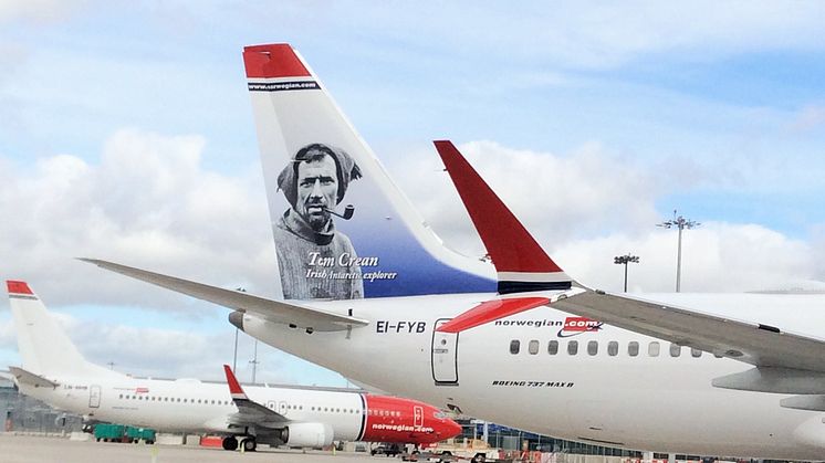 Norwegian's Tom Crean tail fin 737 MAX at Dublin Airport