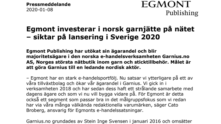 Egmont investerar i norsk garnjätte på nätet – siktar på lansering i Sverige under 2020