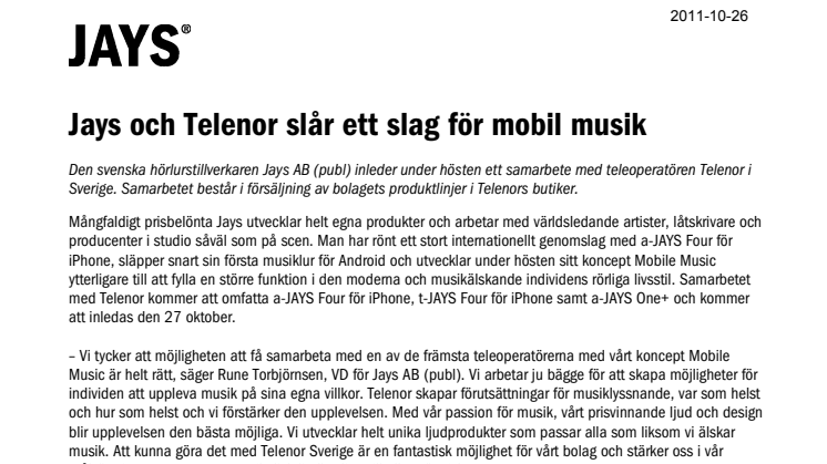 Jays och Telenor slår ett slag för mobil musik