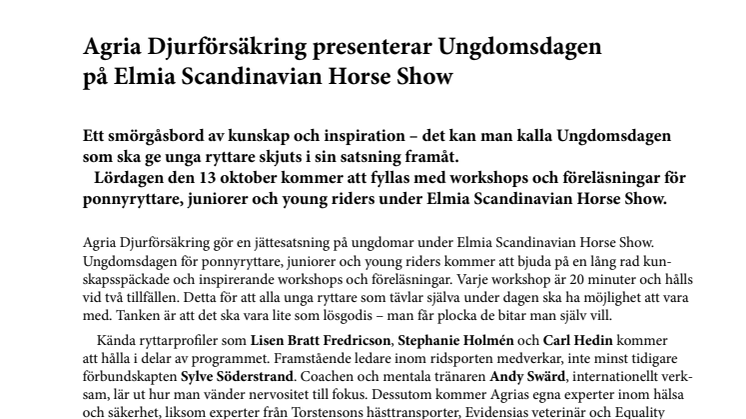 Agria Djurförsäkring presenterar Ungdomsdagen på Elmia Scandinavian Horse Show