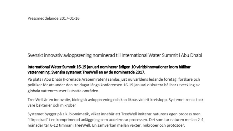 Svenskt innovativ avloppsrening nominerad till International Water Summit i Abu Dhabi