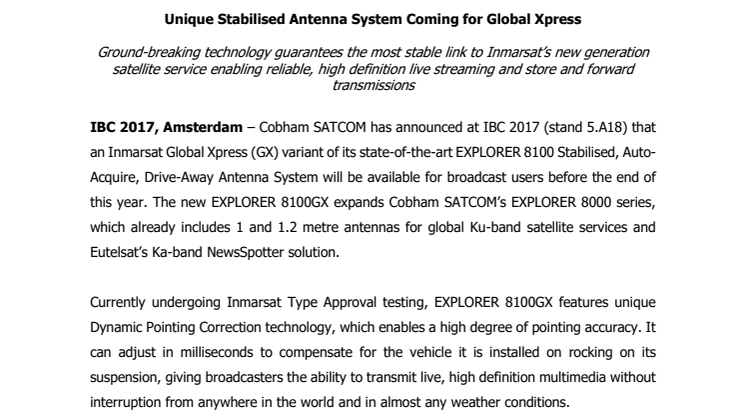 Cobham SATCOM: Unique Stabilised Antenna System Coming for Global Xpress