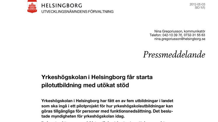 Yrkeshögskolan i Helsingborg får starta pilotutbildning med utökat stöd