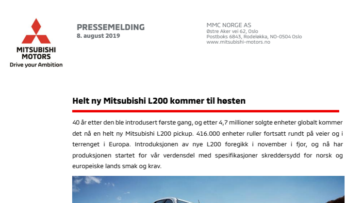 Helt ny Mitsubishi L200 kommer til høsten