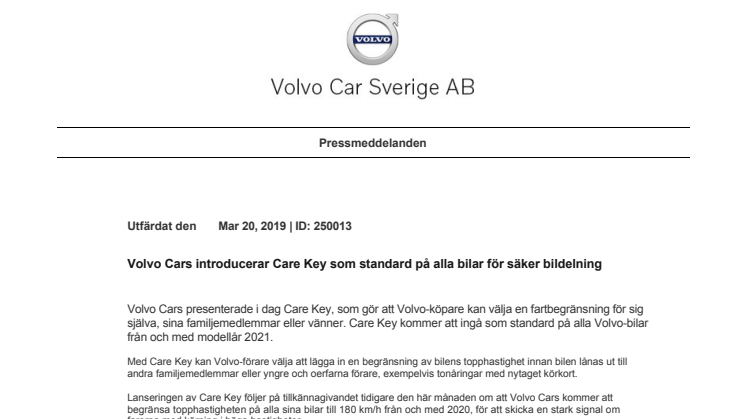 Volvo Cars introducerar Care Key som standard på alla bilar för säker bildelning