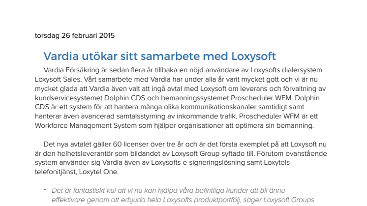 Vardia utökar sitt samarbete med Loxysoft