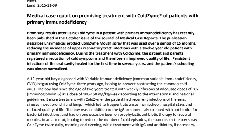 Medical case report on promising treatment with ColdZyme® of patients with primary immunodeficiency