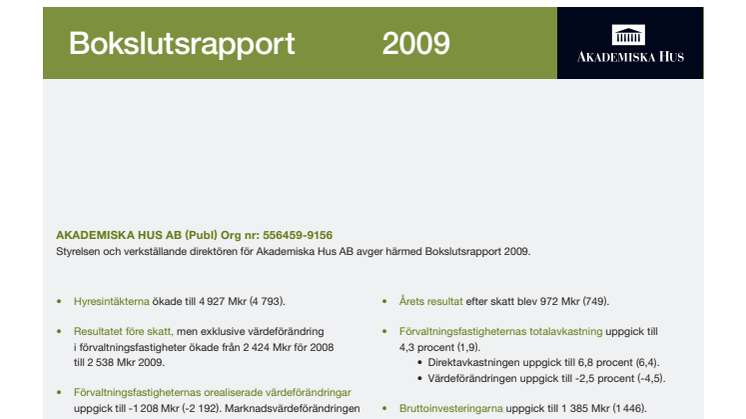 Akademiska Hus bokslutsrapport 2009
