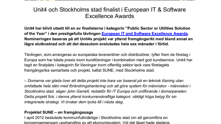 SUNE vann – Unit4 och Stockholms stad prisade i European IT & Software Excellence Awards