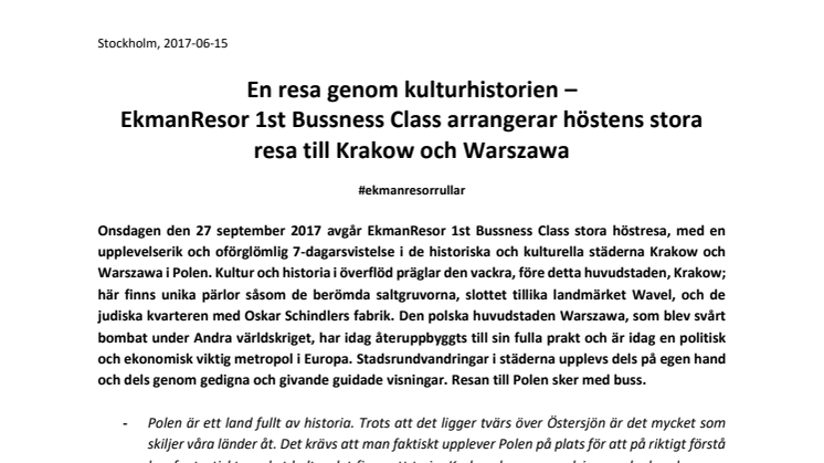 En resa genom kulturhistorien – EkmanResor 1st Bussness Class arrangerar höstens stora resa till Krakow och Warszawa