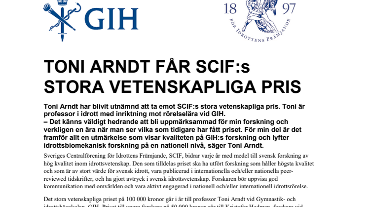 Toni Arndt får SCIF:s stora vetenskapliga pris