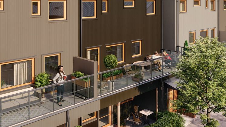 Brf Elins Trädgårdar - 3D-bild av balkonger i flerbostadshus. 