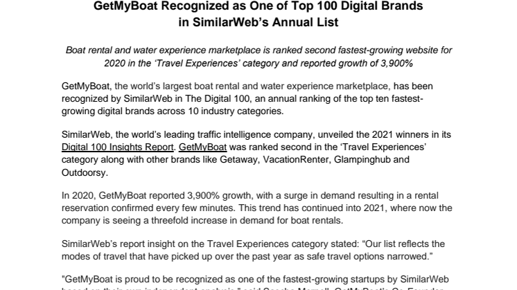 GetMyBoat Recognized as One of Top 100 Digital Brands in SimilarWeb’s Annual List